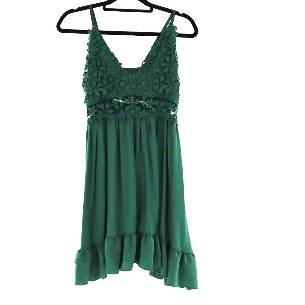 Floral Lace Boho Mini Dress Womens Small Green Ruffled Hem Fairycore Festival